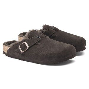 Birkenstock Boston Shearling in Mocha Suede Leather Narrow Fit